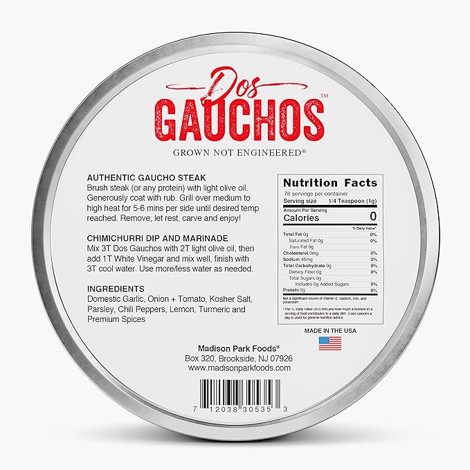 Dos?¯Gauchos Chimichurri Steak Seasoning ??Argentine Steak Rub ??Keto Dry Spice Blend Marinade Mix ??All Natural, Gluten-Free, Low Salt, Sugar-Free, No MSG ??2.75oz Fresh-Sealed Pouch in Reusable Tin