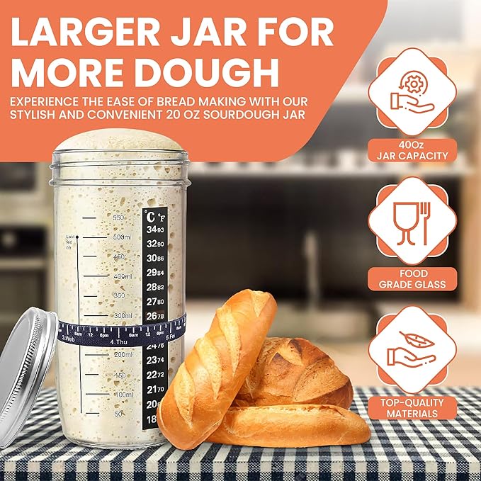 Sourdough Starter Kit with Tools - Bread Lame, Dough Scraper, 24 oz Glass Jar & Covers - Artisan Bread Making Supplies