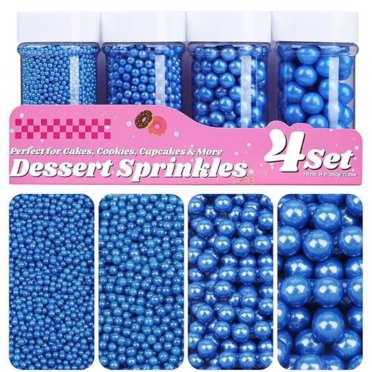 Blue Pearl Sprinkles for Cake Decorating, 11.3 Oz Edible Pearls Sugar 4 Sizes Gift Box Set for Baking Cookie Ice Cream Cupcake Toppings