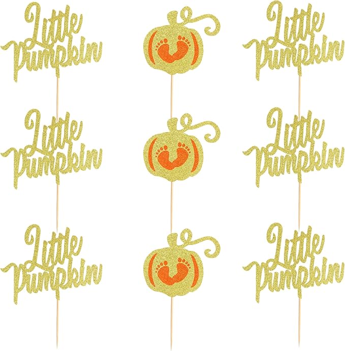 24Pcs Little Pumpkin Cupcake Toppers - Baby Shower Cake Decorations with Baby Feet Pumpkin Cupcake Picks for Thanksgiving, Halloween, Kids Birthday Parties - Gold Glitter