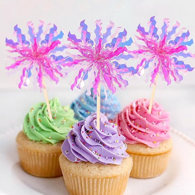 30 PCS Foil Firework Cupcake Toppers Sparkle Tinsel Cupcake Picks Happy Birthday Cake Decorations Drink Stirrers Cocktail Food Fruit Toothpicks for Baby Shower Graduation Party Supplies Rose Red