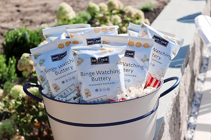 Safe + Fair Plant Based Gourmet Binge Worthy Buttery Seasoned Popcorn - Safe + Fair Binge Worthy Buttery Seasoned Popcorn Non-GMO + Gluten Free + Vegan + Kosher Snacks 3 oz bag,6 Pack