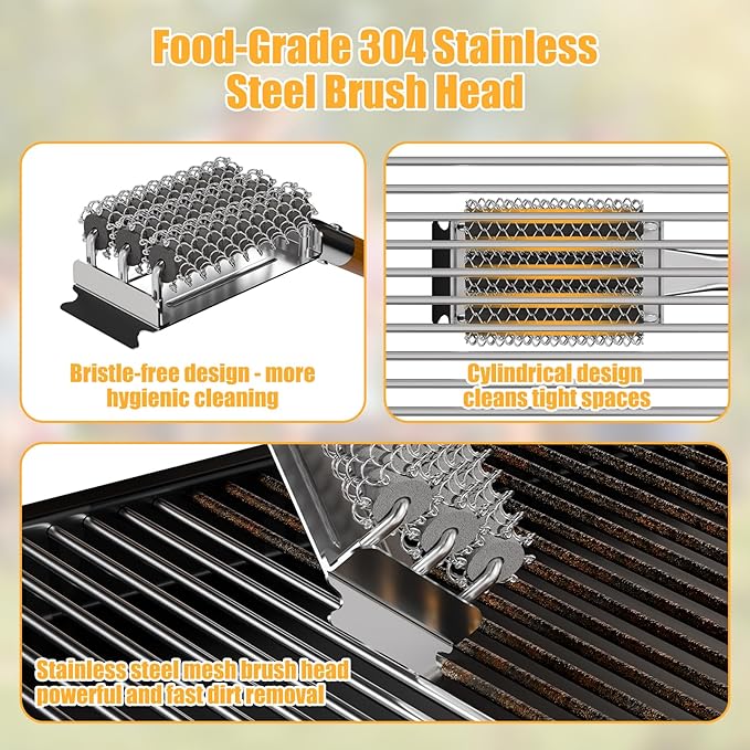 HOUSE AGAIN Grill Brush Bristle Free, 304 Stainless Steel Food-Grade Brush Head with Scraper, Safe BBQ Outdoor Grill Cleaning Brush Strong Barbecue Brush Cleaner Non Wire for Grill Grate/Wooden Handle