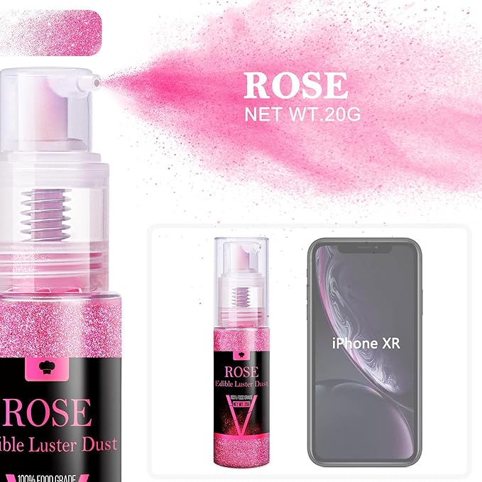 Edible Glitter Spray - 20g Luster Dust Edible Glimmer Powder for Sparkling Cocktails, Cake, Cupcakes, Wine, Beverage - Food Grade Shimmer Dust Powder for Baking, Drinks, Cookies Decoration (Rose)