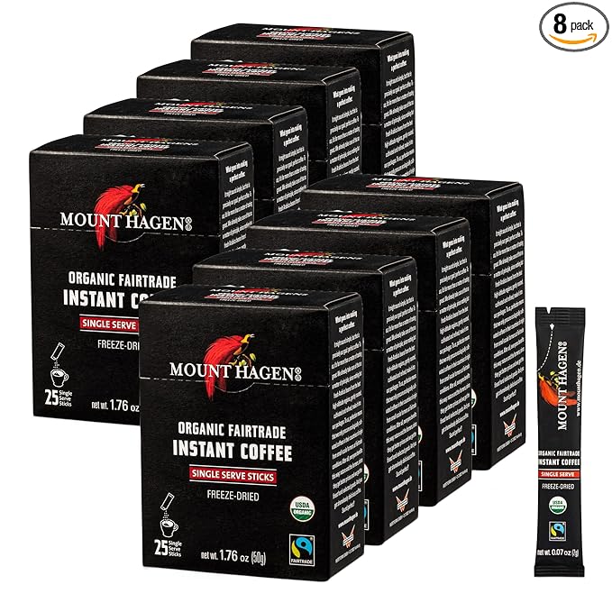 Mount Hagen 25 Count Single Serve Instant Coffee Packets - 8 Pack | Organic Medium Roast Arabica Beans | Eco-friendly, Fair-Trade [8 x 25 sticks/1.76oz/50g]