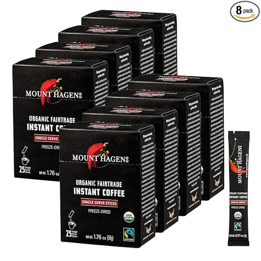 Mount Hagen 25 Count Single Serve Instant Coffee Packets - 8 Pack | Organic Medium Roast Arabica Beans | Eco-friendly, Fair-Trade [8 x 25 sticks/1.76oz/50g]
