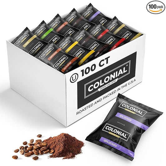 Colonial Coffee 100 Count Single Pot Coffee Packets ??Assorted Variety Pack with Medium, Dark, & Decaf Roast Blends | Pre-Measured Frac Packs for 12 Cup Maker | Bulk Ground Gourmet Coffee for Home & Office