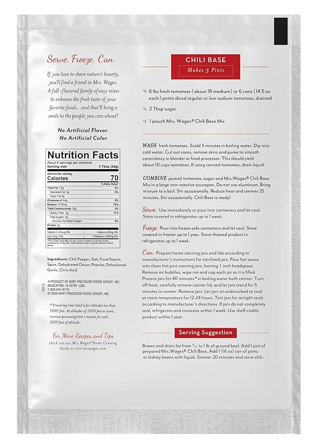 Mrs. Wages Chili Base Canning Mix | Easy-To-Use | Simple Homemade Chili | Great Flavor | Easy To Freeze or Serve Fresh | 5 oz Packet (Value Pack of 12)