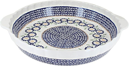 Blue Rose Polish Pottery - Blue Peach Blossom Pie Plate with Handles - 9.75" Diameter - Ceramic Baking Dish, For Pies, Quiches & Desserts