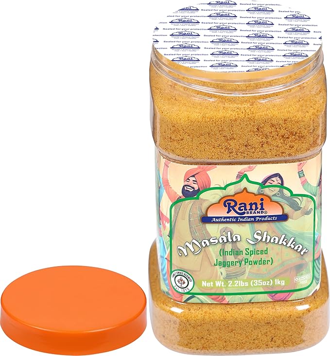 Rani Masala Shakkar (Indian Spiced Jaggery Powder) Unrefined Raw Cane Sugar 35oz (2.2lbs) 1kg PET Jar ~ Gluten Friendly | Vegan | NON-GMO | Kosher | No Salt or fillers | Indian Product