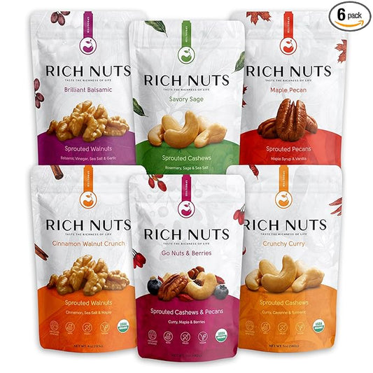 Rich Nuts Variety Pack Sprouted Nuts | Gourmet Flavored Pecans, Walnuts, and Trail Mix | Vegan, Paleo and Keto Friendly | Non-Roasted from Dehyrdated Germinated Raw, Whole Nuts | 4-5 Oz Bags (6 Pack)