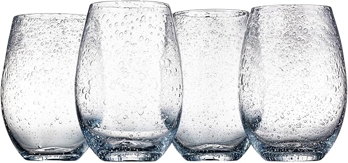 Artland Stemless Wine Glass, Set of 4 | Iris Seeded Design, Clear | Drinking Glass for Parties and Everyday Use - Wine, Champagne, Cocktail | Glassware & Barware Essentials