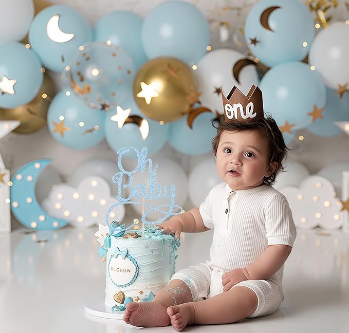 Oh Baby Cake Topper - Light Blue Glitter Baby Birthday Party Cake Decoration Supplies, for Baby Shower/Gender Reveal Party Photo Booth Props
