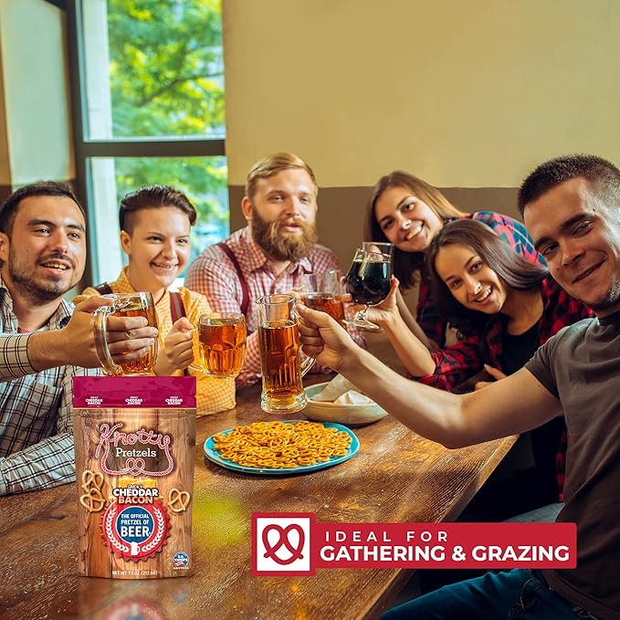 Knotty Pretzels ?쏷he Official Pretzel of Beer??7.5 oz Individual Seasoned Pretzels in Resealable Pretzel Snack Bags, The Perfect Pairing for Beer, Cheddar Bacon Pretzel Flavor (6-Pack)