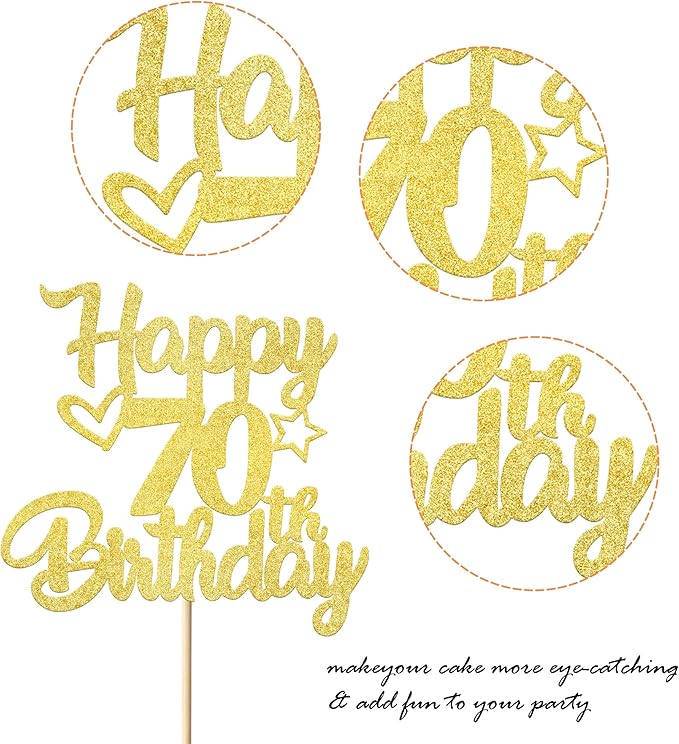 1 Pack Happy 70th Birthday Cake Topper Glitter Heart Star 70 Fabulous Cake Pick Birthday Sign Cake Decorations for Children 70th Birthday Theme Party Supplies Gold
