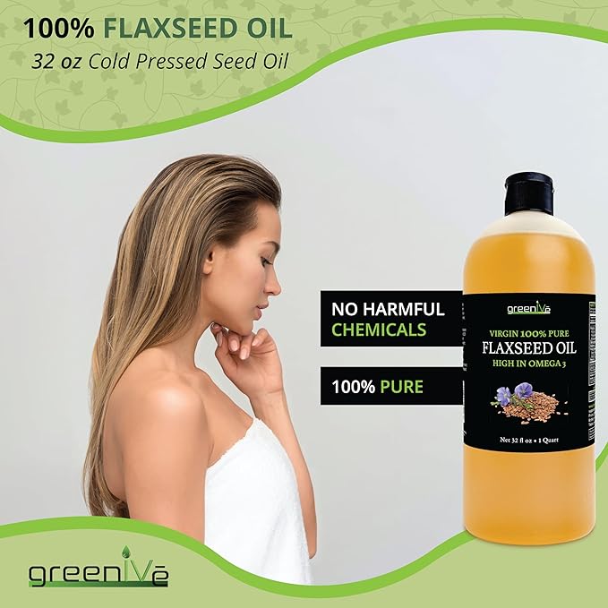 GreenIVe Flax Seed Oil Organically Grown100% Pure Cold Pressed High Vegan Omega Fatty Acids Gluten-Free (32 Fl Oz)