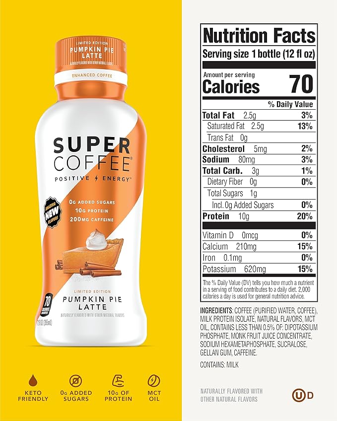 Super Coffee, Keto Protein Coffee, Pumpkin Pie Latte (12 Ounce Bottles, Pack of 12) - Low Net Carbs, No Added Sugar, Keto Friendly, 10g of Protein, Low Calorie, Iced Smart Coffee Drinks