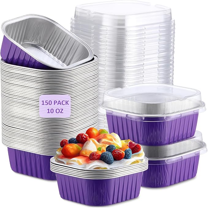 Aoriher 150 Pieces 10 oz Mini Cake Pans with Lids Aluminum Foil Baking Cups Square Disposable 4" x 4" Large Cupcake Cups Baking Tins for Kitchen Brownie Pudding Desserts Holders(Purple)