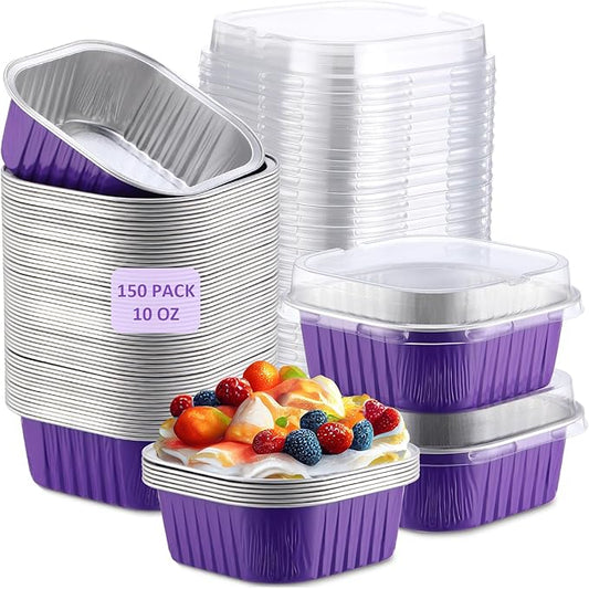 Aoriher 150 Pieces 10 oz Mini Cake Pans with Lids Aluminum Foil Baking Cups Square Disposable 4" x 4" Large Cupcake Cups Baking Tins for Kitchen Brownie Pudding Desserts Holders(Purple)