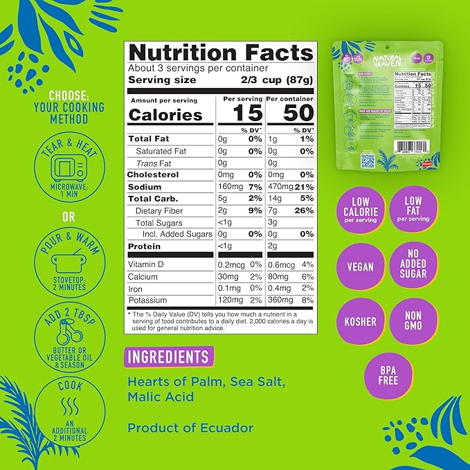 Natural Heaven White Rice, Hearts of Palm, 6-Pack ??Naturally Rich in Potassium, Low-Calorie Veggie Rice, Keto & Gluten-Free Food, Vegan, 9 Oz Ea