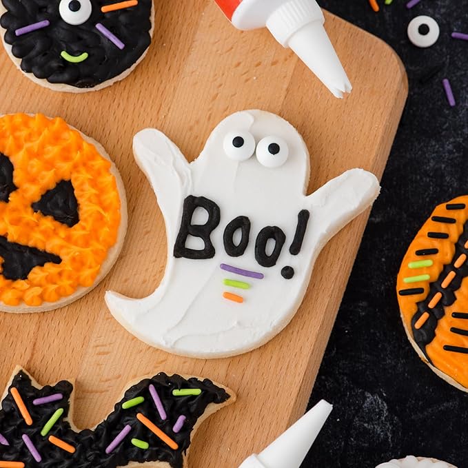 Halloween Frosting Kit with Sprinkles & Eyeballs ??11.31 oz Decorating Set with 3 Frosting Tubes (Orange, Black, White), 4 Nozzles & 2 oz Sprinkle Mix ??Cookie & Cupcake Kit for Kids & Families