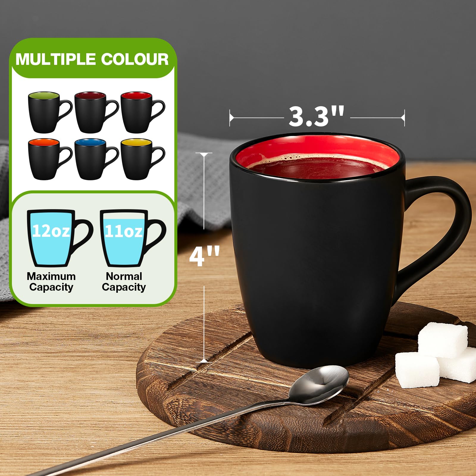 Qipecedm 6 Pack Porcelain Coffee Mugs Set, 12 Ounces Ceramic Coffee Mugs, Matte Black Coffee Mug