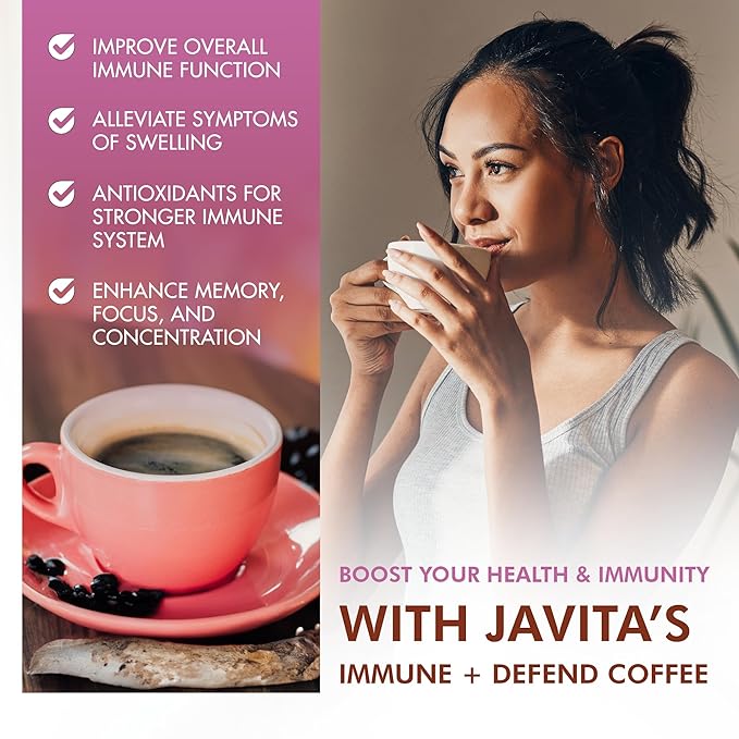 Mushroom Coffee by Javita, Immune & Defend Blend of Chaga, Lion's Mane and Dark Roast Coffee for Morning Boost, Antioxidant Support; Keto-friendly, 1 box of 24 (3.5 g) Sticks, 24 ct