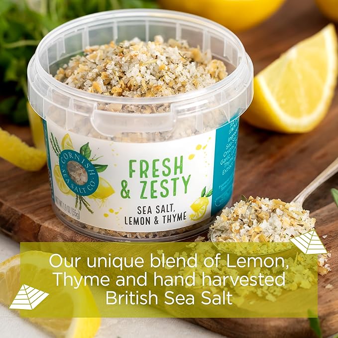 Cornish Sea Salt Fresh & Zesty Seasoning| Sea Salt Flakes w. Lemon & Thyme | Hand-Harvested in Cornwall, England | 1.9 oz Resealable Tub (Pack of 1)