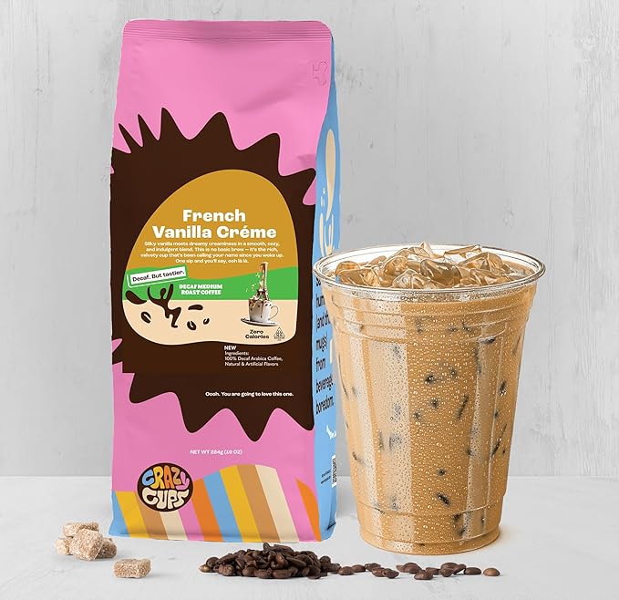 Crazy Cups Decaf Flavored Ground Coffee, French Vanilla Cr챔me, in 10 oz Bag, For Brewing Flavored Hot or Iced Decaf Coffee