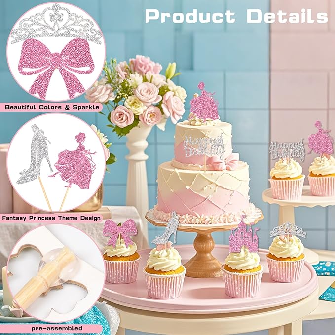 24Pcs Pink Castle Princess Cupcake Topper Silver Glitter Princess Cupcake Toppers High Heel Bow Crown Princess Cake Decorations for Princess Birthday Party Supplies Baby Bridal Shower