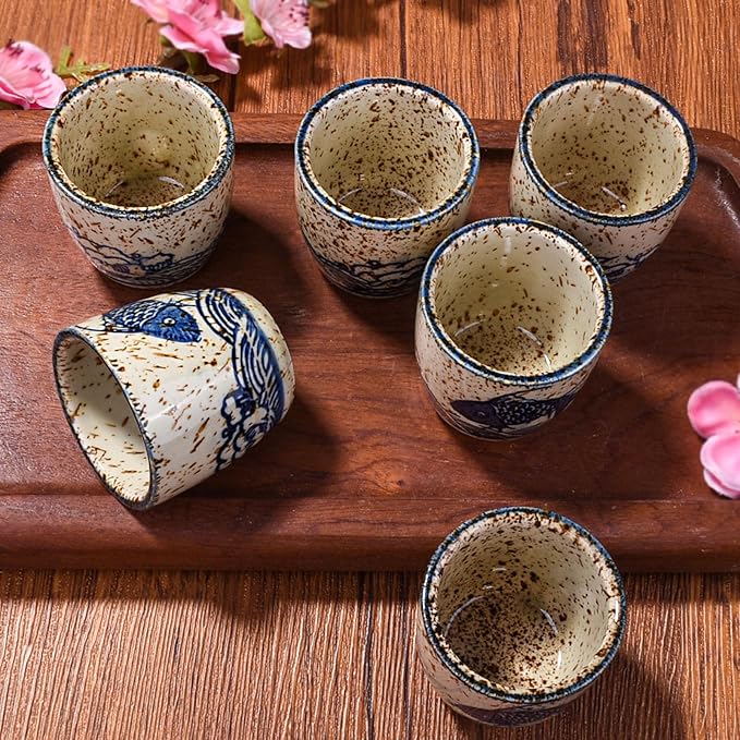 Porcelain Sake Cups of 6, Set of Cups for Japanese Wine Sake