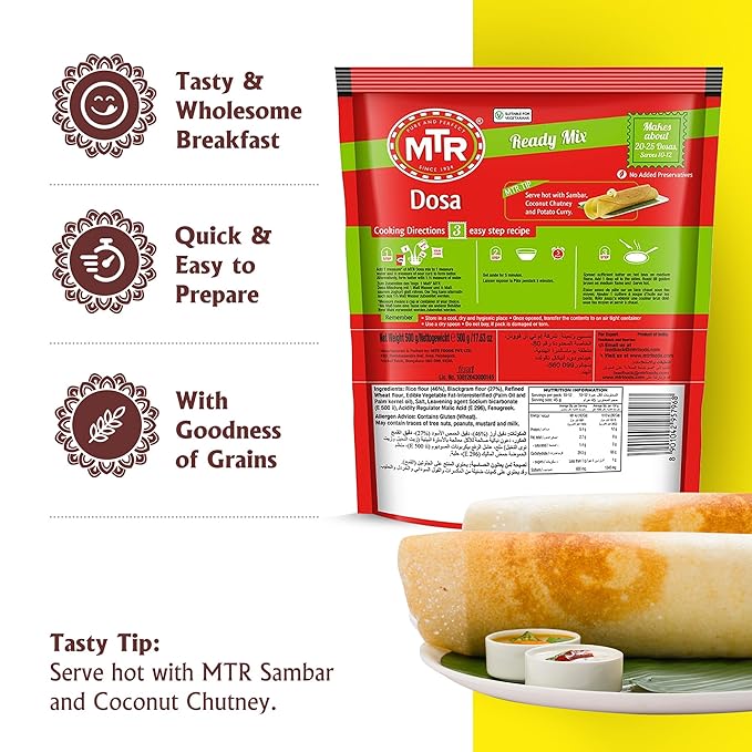 MTR Instant Dosa Mix - Ready to Cook Authentic Indian Breakfast, Lunch, Dinner or Snack Meal - No Added Preservatives - A Quick & Easy Recipe Suitable for Vegetarians - (500g, Pack of 3)