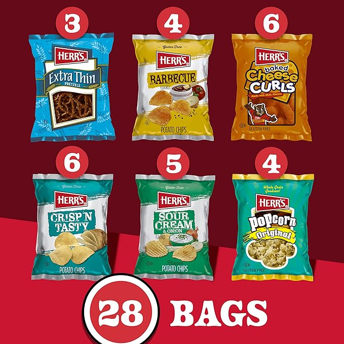 Herr?셲 Snacks Variety Pack, Potato Chips, Pretzels, Popcorn, Cheese Curls, 26oz Box (28 Bags)