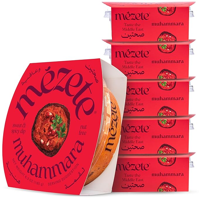 Mezete Shelf-Stable Dip & Spread | All-Natural Muhammara Snack Pack of 6 | Free from Preservatives | Roasted Red Peppers, Pomegranate Molasses & Spices | No Added Oil | 180g (Pack of 6)