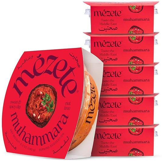 Mezete Shelf-Stable Dip & Spread | All-Natural Muhammara Snack Pack of 6 | Free from Preservatives | Roasted Red Peppers, Pomegranate Molasses & Spices | No Added Oil | 180g (Pack of 6)