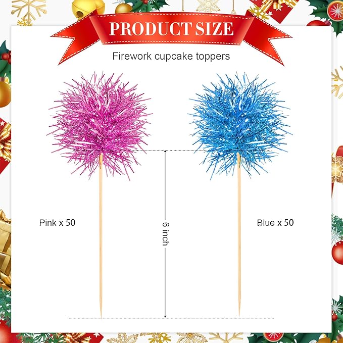 Chinco 100 Pcs Foil Firework Cupcake Toppers Sparkle Tinsel Cake Toppers Cake Decoration Cocktail Fruit Toothpick for Birthday Wedding Graduation Party(Pink, Light Blue)