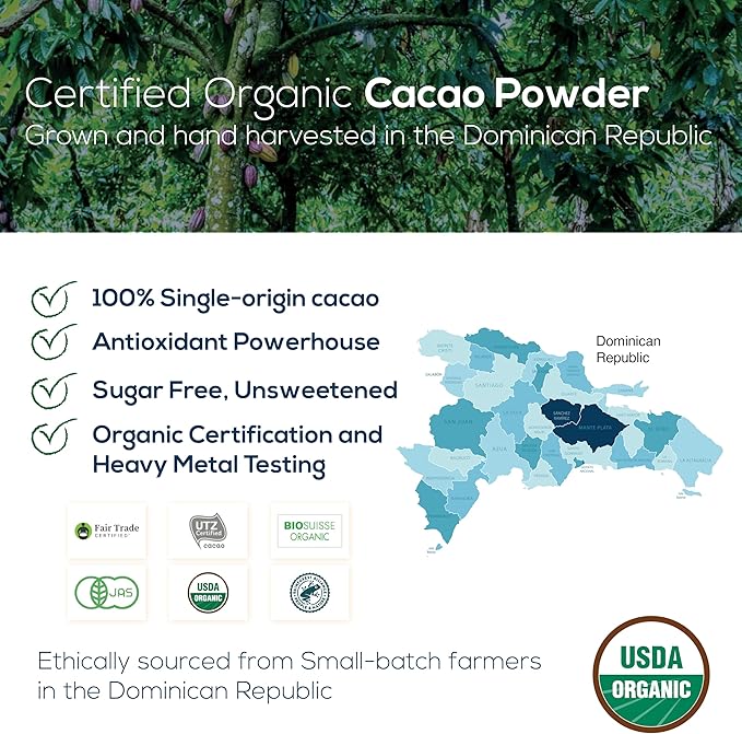 Organic Cacao & 8 Mushroom Immunity Powder ??Non-GMO, Vegan, Raw Rizek Cacao & Functional Mushrooms like Reishi, Chaga, Lion?™s Mane ??In Resealable Glass Jars
