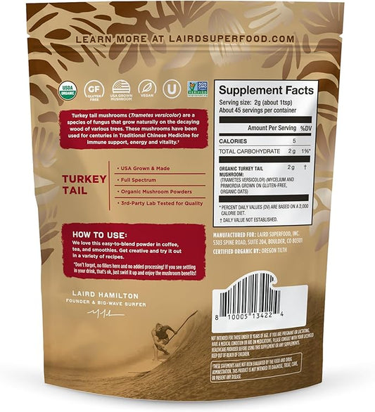 Laird Superfood Organic Turkey Tail Mushroom Powder for Immune Support, 3.17 oz. Bag, Pack of 1