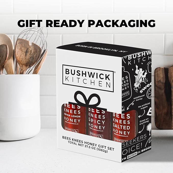 Bushwick Kitchen Bees Knees Honey Sampler Gift Box, Set Includes Spicy Honey, Meyer Lemon Honey, Salted Honey Sauces, Honey Inspired Recipes, Bushwick Kitchen Tea Towel, and Ready-to-Gift Box