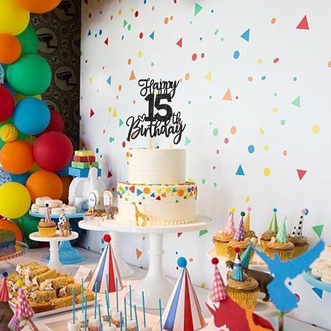1 PCS Happy 15th Birthday Cake Topper Glitter Cheers to 15 Years Birthday Cake Pick Sweet 15 Fabulous Cake Decoration for Happy 15th Birthday Anniversary Theme Party Decorations Supplies Black