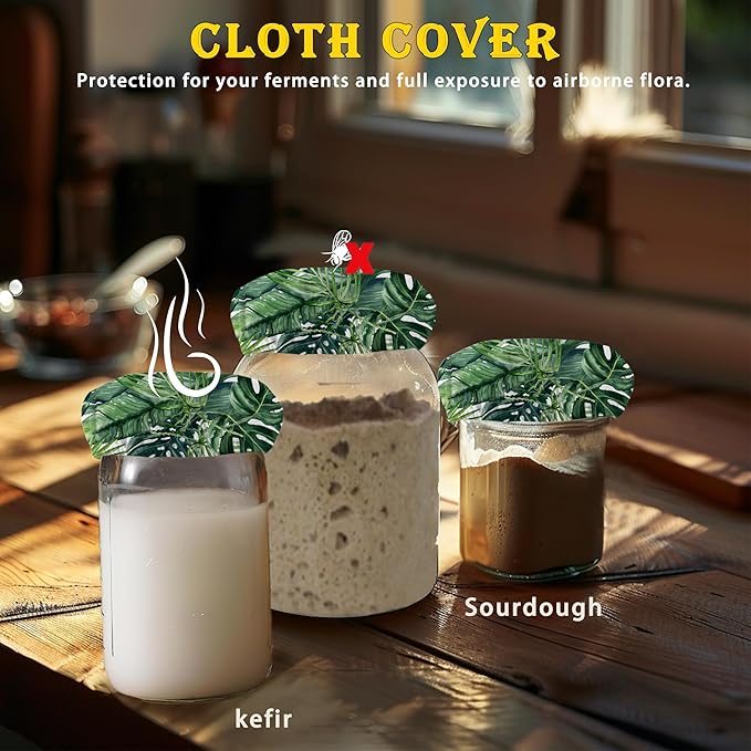 Sourdough Starter Cloth Covers Jars, Tropical Leaves Palm Or Kombucha Kefir Fermentation Cheese Fabric Lids,Gifts for Women Baker Fit Jars Mouth from 3-4 inch, 5 Pack