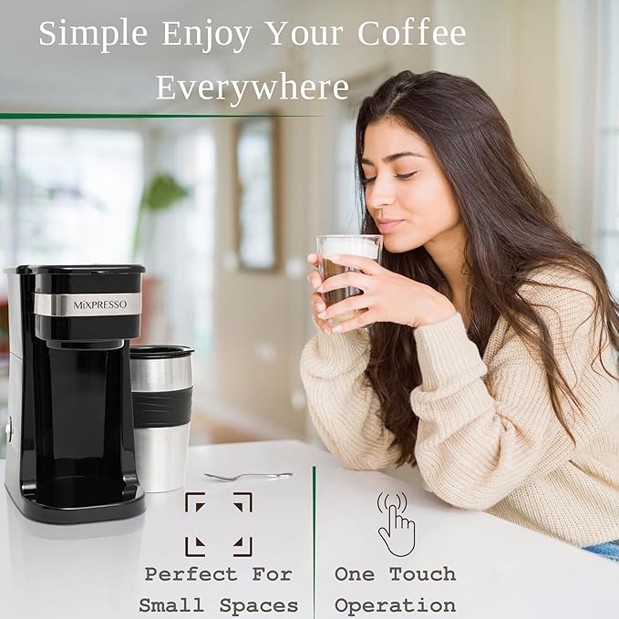 Mixpresso Black Personal Single Serve Coffee Maker with 14oz Travel Mug, Drip Small Coffee Maker with Auto Shut Off, Reusable Filter, Works with Ground Coffee Only ??Not for K-Cup Pods