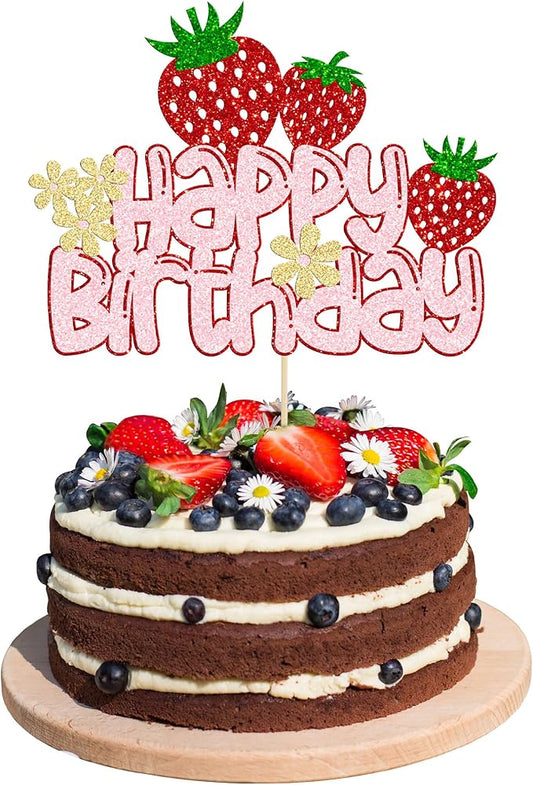 1 Pack Happy Birthday Cake Topper Glitter Strawberry Cake Pick for Fruit Theme Baby Shower Kids Birthday Party Strawberry Fruit Party Cake Decorations Supplies