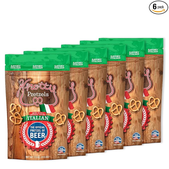 Knotty Pretzels ?쏷he Official Pretzel of Beer??7.5 oz Individual Seasoned Pretzels in Resealable Pretzel Snack Bags, The Perfect Pairing for Beer, Savory Italian Flavor (6-Pack)