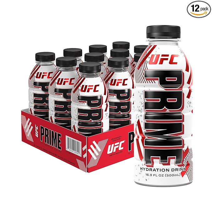 PRIME Hydration UFC, Sports Drinks, Electrolyte Enhanced for Ultimate Hydration, 250mg BCAAs, B Vitamins, Antioxidants, Low Sugar, 16.9 Fl Oz, 12 Pack