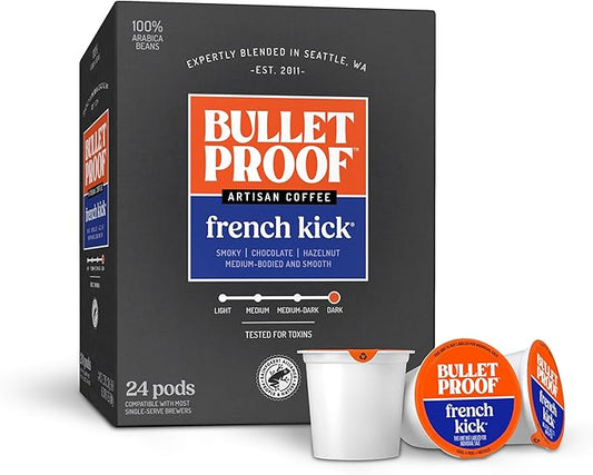 Bulletproof French Kick Dark Roast Single Serve Pods, 24 Count, 100% Arabica Coffee, Clean Coffee Tested for Toxins, Packaging May Vary