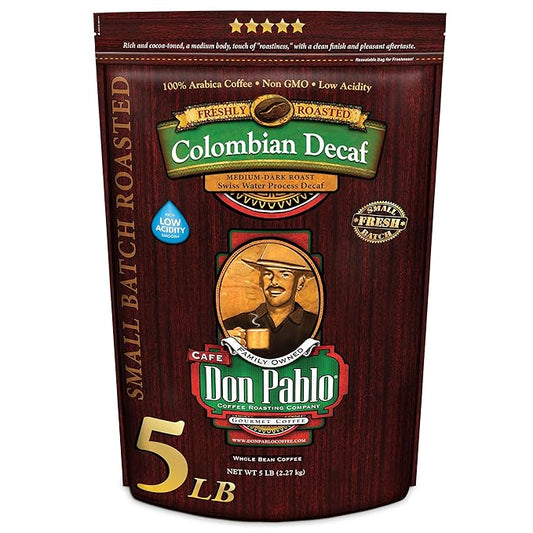 5LB Don Pablo Colombian Decaf - Swiss Water Process Decaffeinated - Medium-Dark Roast - Whole Bean Coffee - Low Acidity - 5 Pound (5 lb) Bag