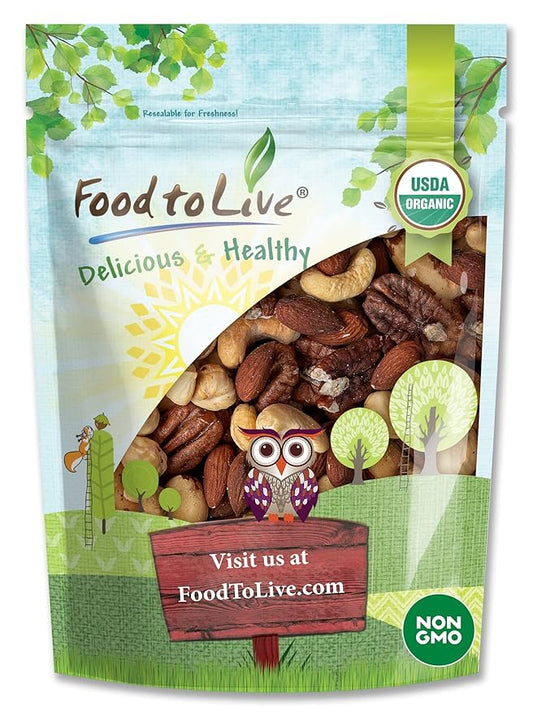 Food to Live Organic Deluxe Unsalted Nuts Mix, 1 Pound ??A Blend of Dry Roasted Organic Raw Pecans, Cashews, Hazelnuts, Almonds, and Brazil Nuts. Non-GMO, Oven Roasted, No Oil Added, Kosher, Vegan