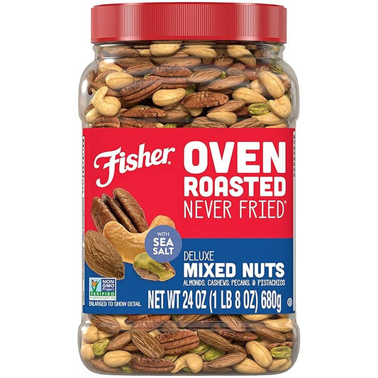 Fisher Oven Roasted Never Fried Deluxe Mixed Nuts, 24 Ounces (Pack of 1), Almonds, Cashews, Pecans, Pistachios, Healthy Snacks for Adults, Made With Sea Salt, No Added Oil, Trail Mix, Gluten Free