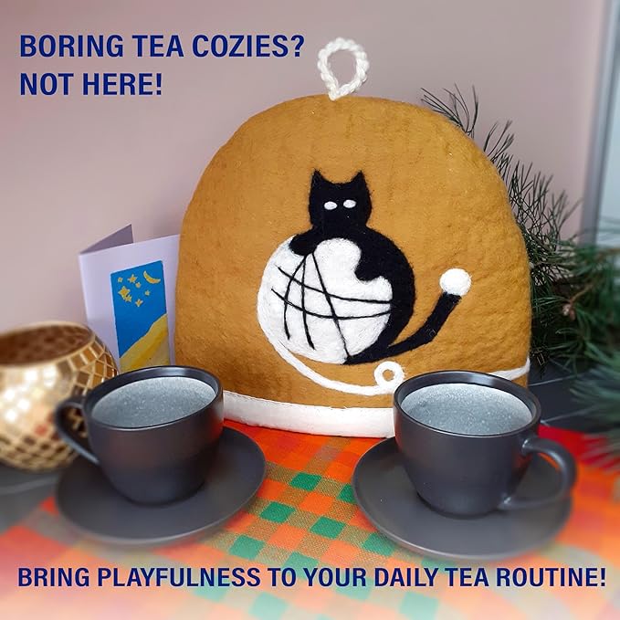 Tea Cozy for Teapot Large - Keep Your Brew Warm and Stylish with This Felted Tea Cosy, Enhancing Flavor and Aesthetics - Fits 6-Cup Teapot & 34oz French Press (Black cat, ocher)